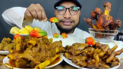 SPICY MUTTON CURRY, CHICKEN LEG FRY, CHICKEN LIVER AND FEET CURRY AND RICE, 6 KING CHILLI EATING